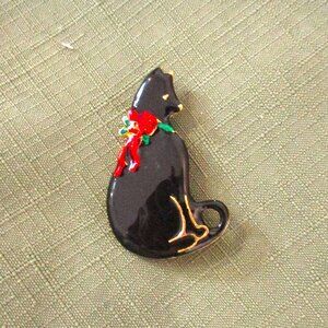 Christmas Black Kitty Pin/Brooch w/Red Bow Metal Vero Vintage
